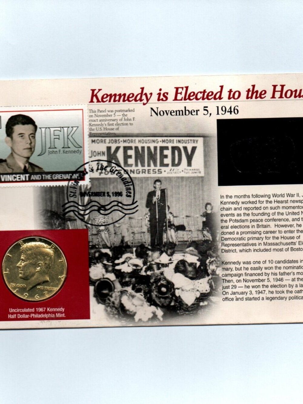 1967 Gold Plated Kennedy Half Dollar.. 40% Silver.. Uncirculated.. Plus $1 Stamp
